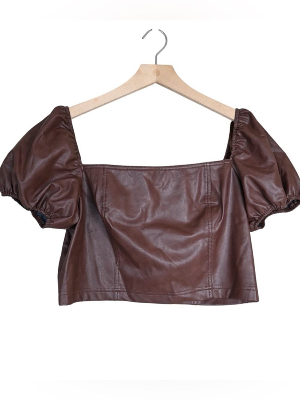 7FAM Women's L Faux Leather Puff Sleeve Crop Top in Brown NEW
